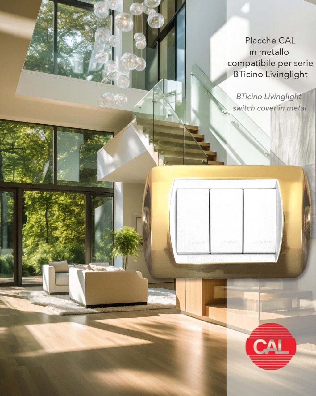 Placca Compatibile BTicino Living Light in Ottone Lucido | CAL - immagine 2