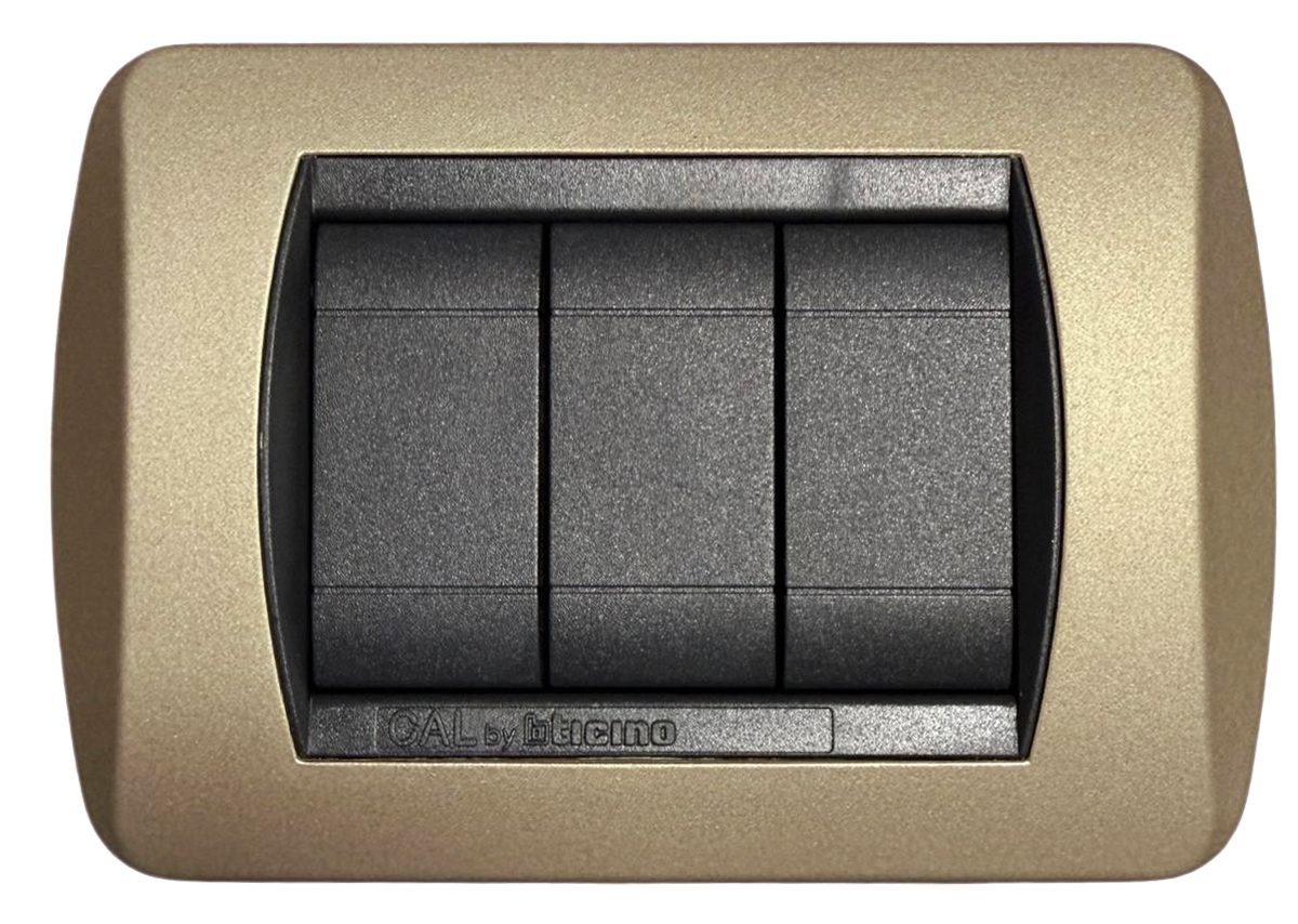 Placca CAL compatibile BTicino Living International champagne metallizzato con tre comandi scuri